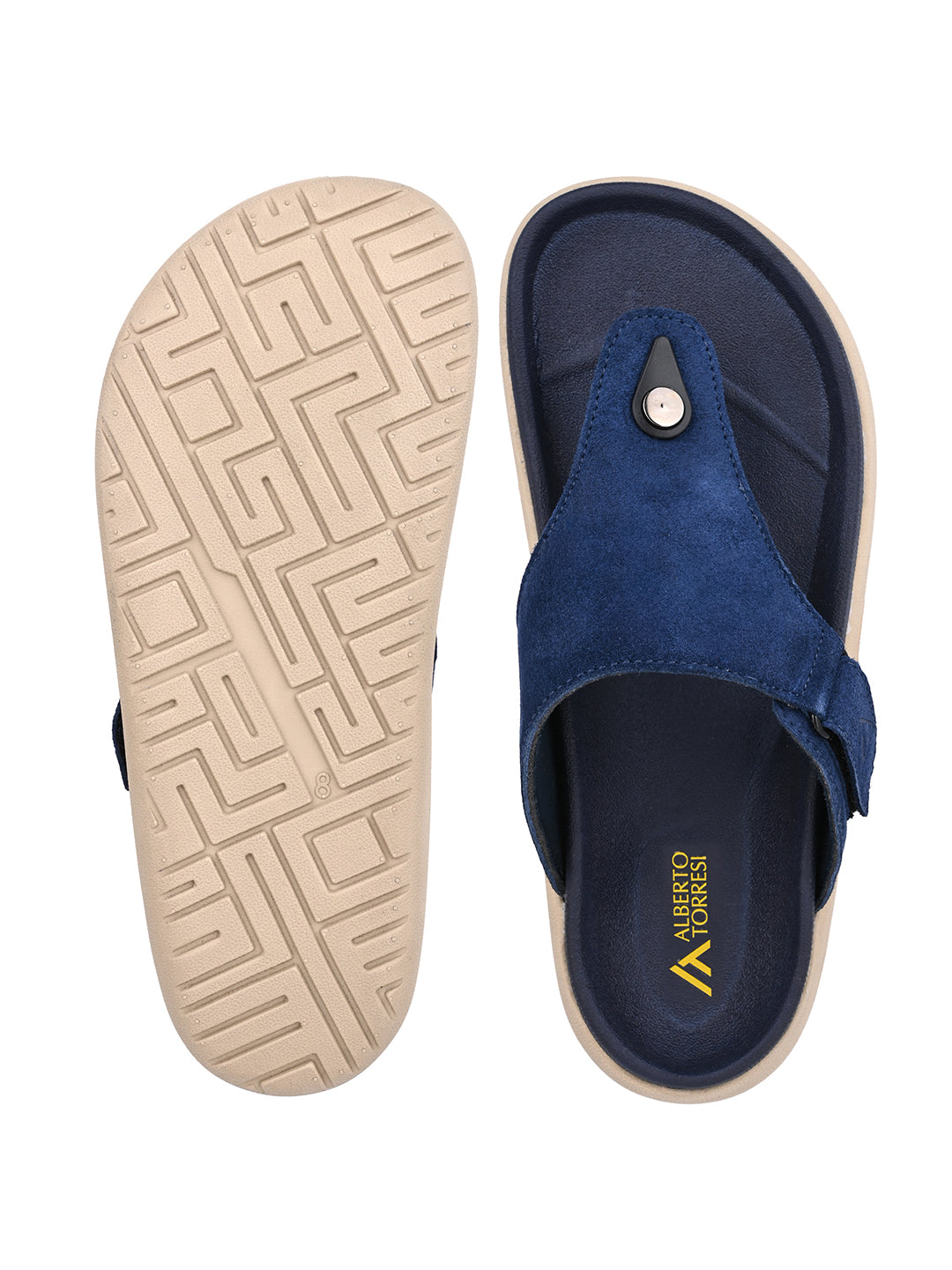 Men Navy Blue Genuine Suede Leather Adjustable T-Strap Comfort Slippers
