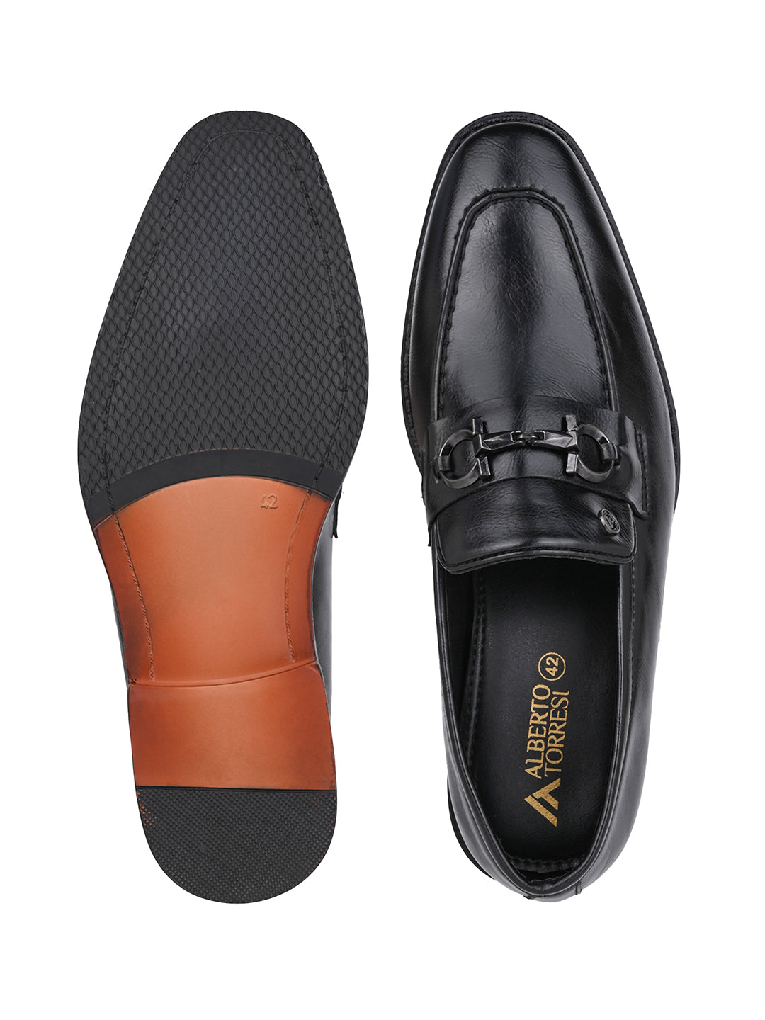 Men Black Synthetic Leather Slip-On Loafers with Metallic Horsebit Buckle