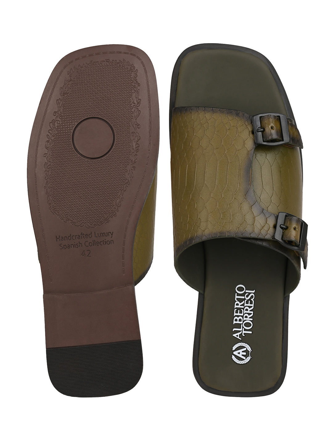 Alberto Torresi Men’s Green Textured Leather Monk-Strap Slide