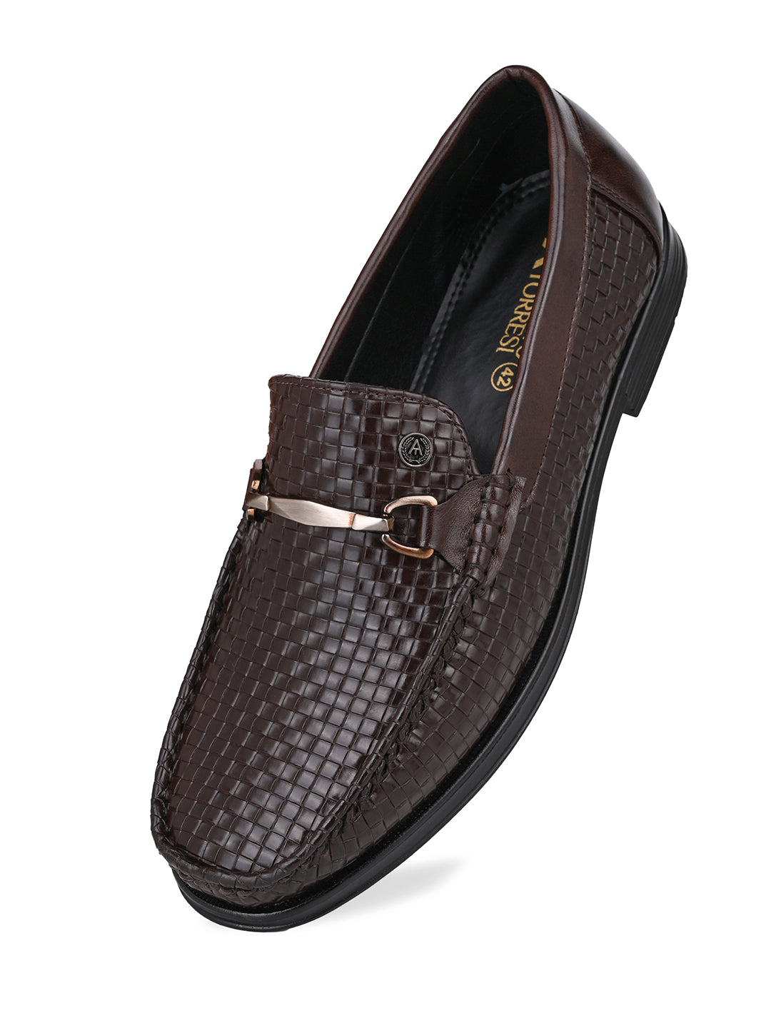 Woven Pattern Brown Faux Leather Slip-On Loafers with Metallic Trim