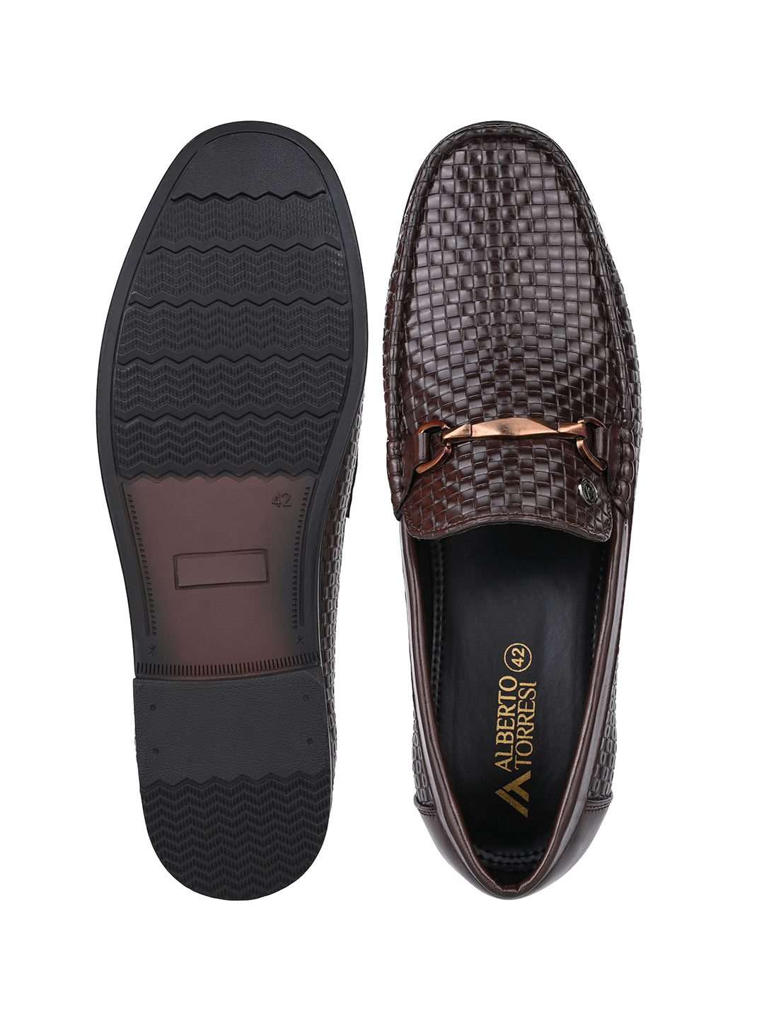 Woven Pattern Brown Faux Leather Slip-On Loafers with Metallic Trim