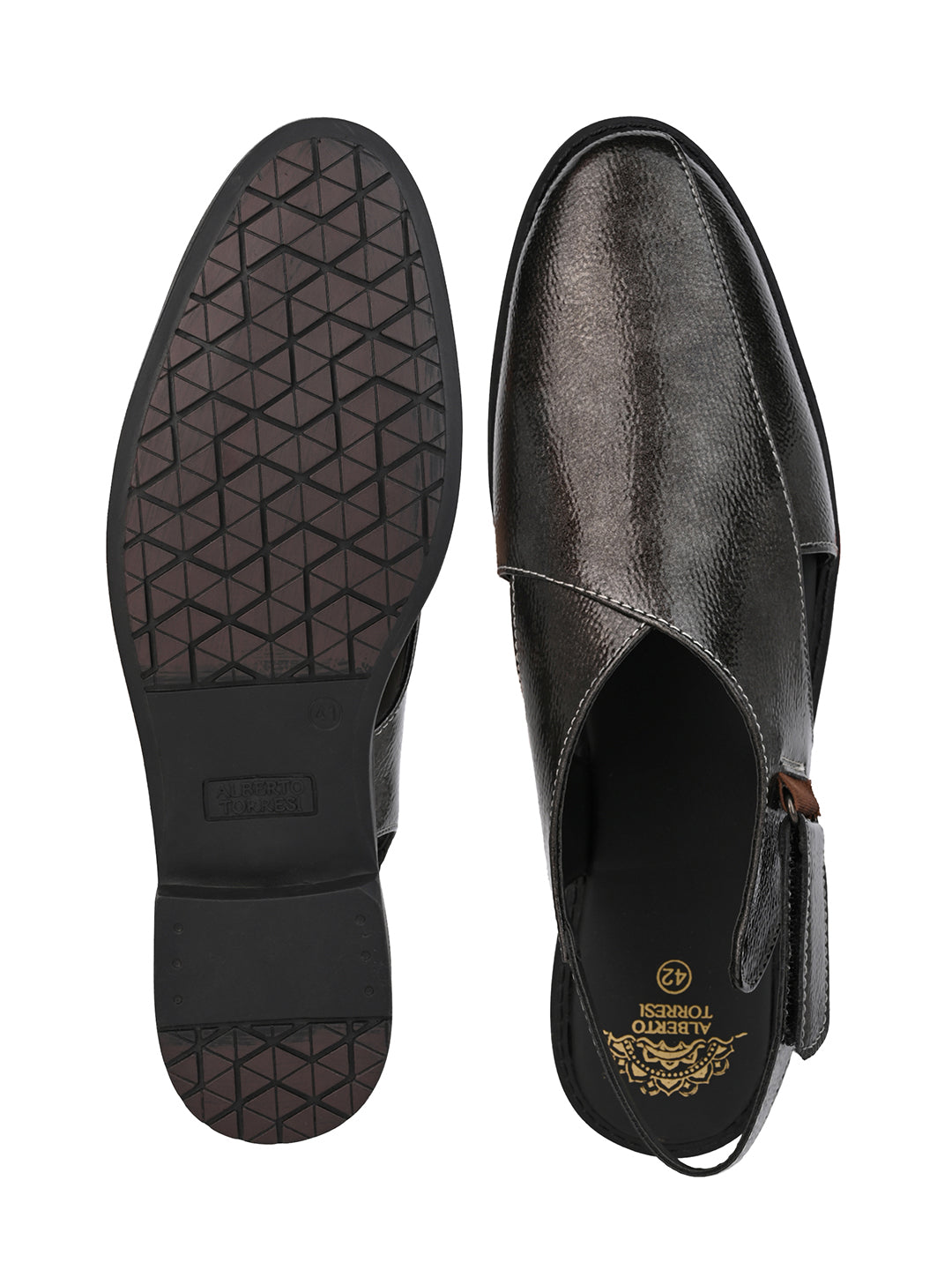 Alberto Torresi Grey Patent Crinkle Peshawari Sandal With Padded Insole