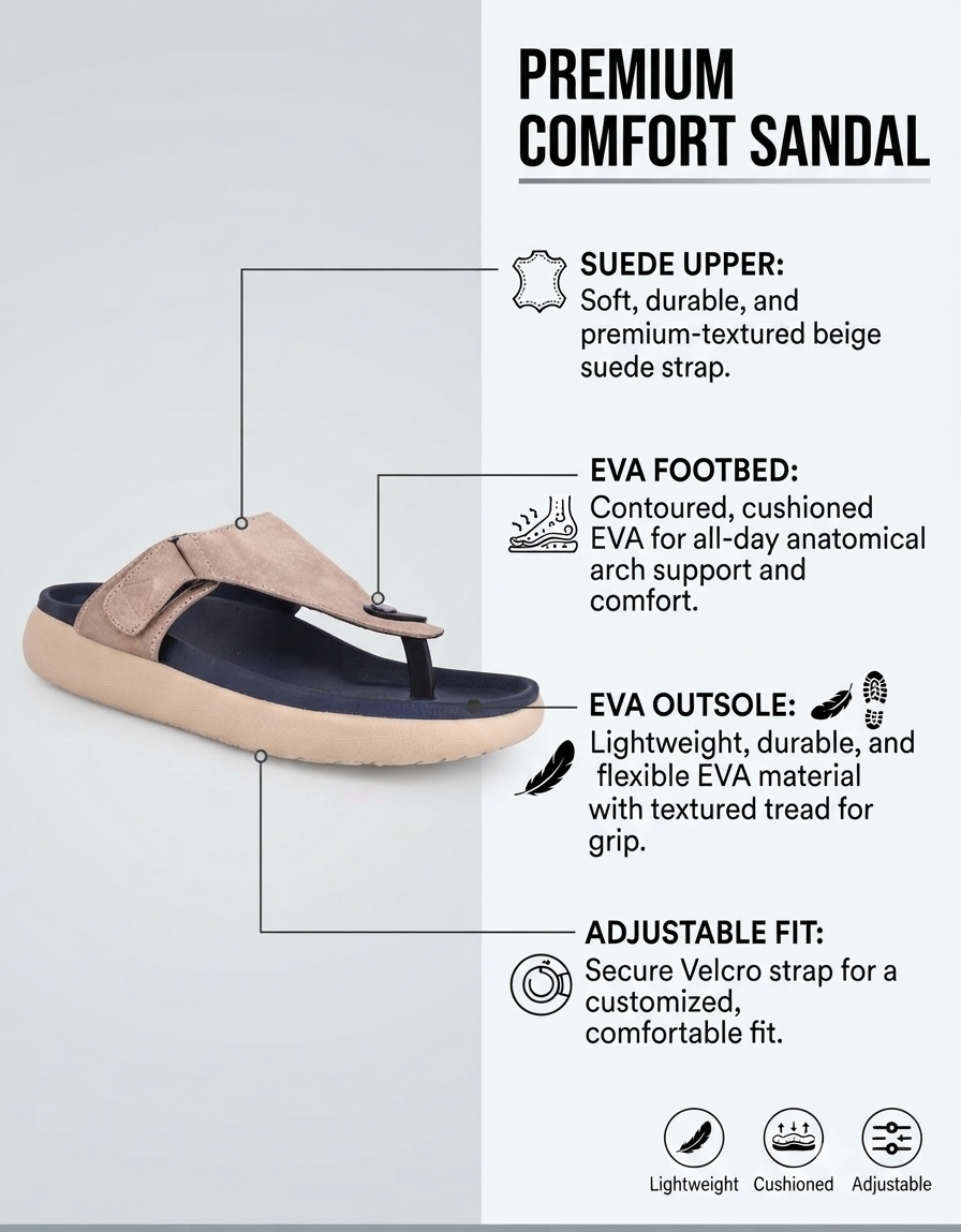 Varello Beige T-Strap Slippers for Men - Adjustable Comfort Slippers for Casual & Everyday Wear