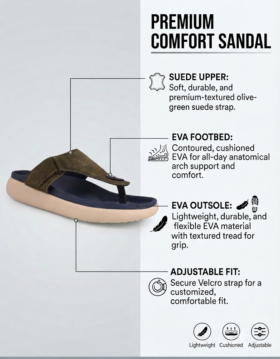Varello Olive T-Strap Slippers for Men - Adjustable Comfort Slippers for Casual & Everyday Wear