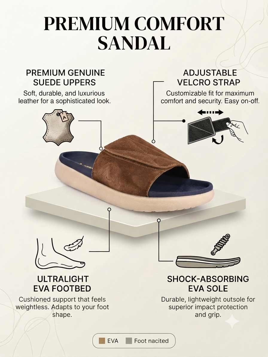 Savio Tan Comfort Slides for Men - Adjustable Velcro Strap Slippers for Casual & Everyday Wear