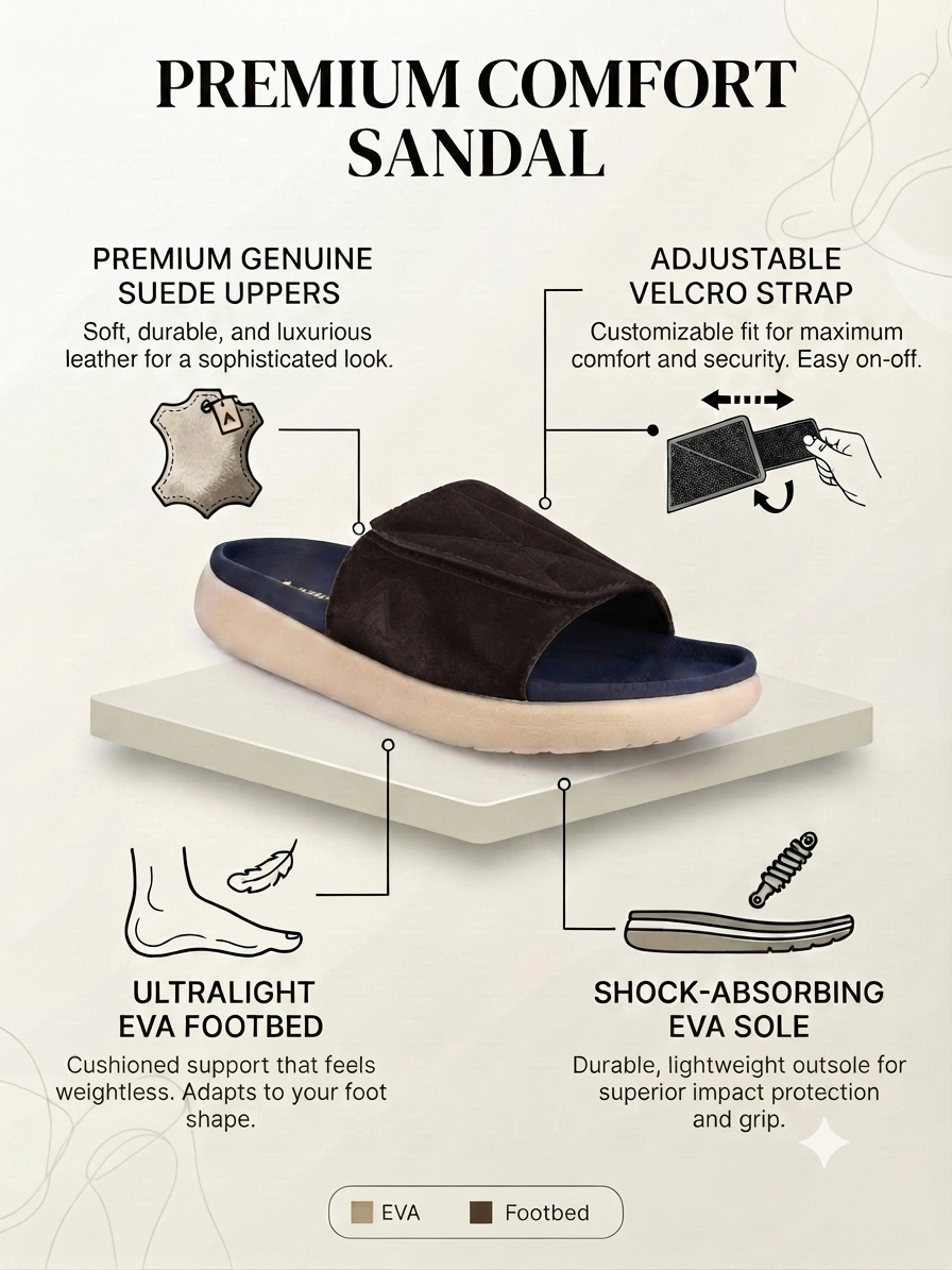 Savio Brown Comfort Slides for Men - Adjustable Velcro Strap Slippers for Casual & Everyday Wear