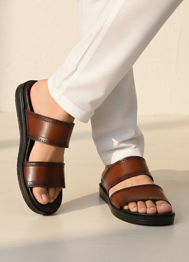 Alberto Torresi PVC Printed Branding Textured Tan Leather Men Slippers