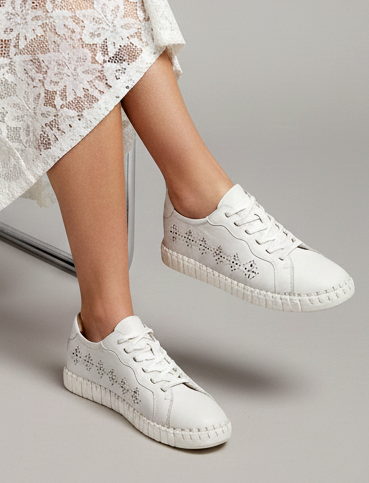 Women’s White Cutwork Lace-Up Comfort Sneakers with FlexibleSole