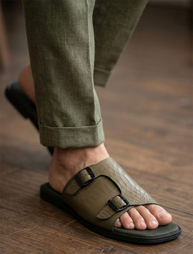 Alberto Torresi Men’s Green Textured Leather Monk-Strap Slide