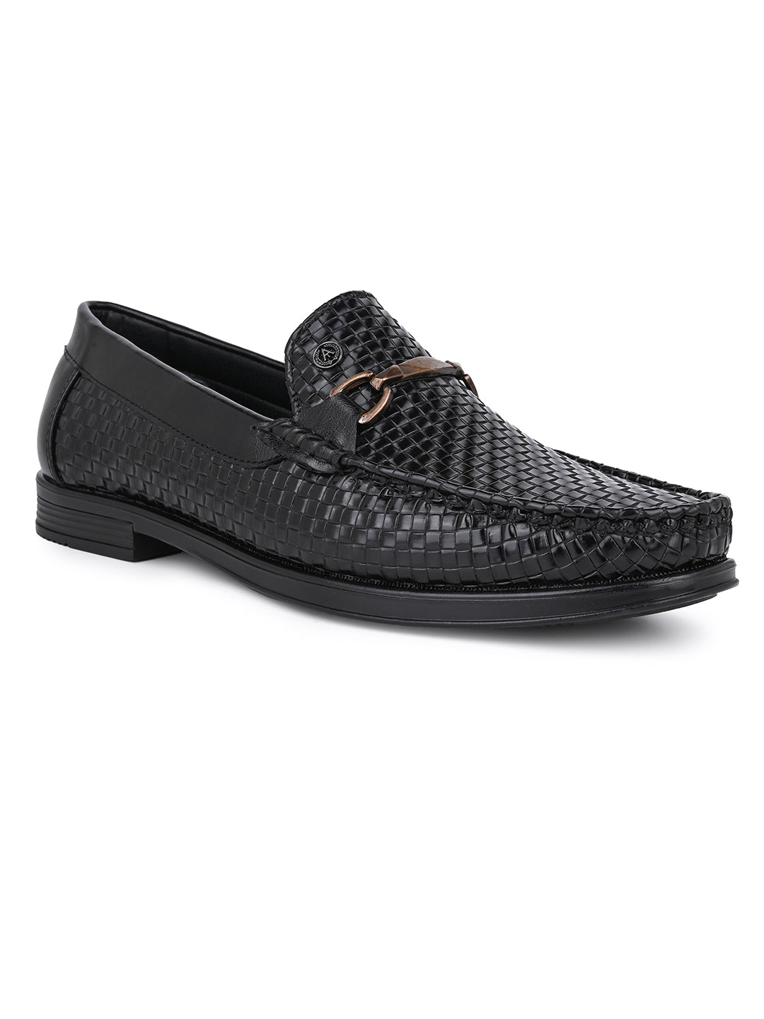 Woven Pattern Black Faux Leather Slip-On Loafers with Metallic Trim