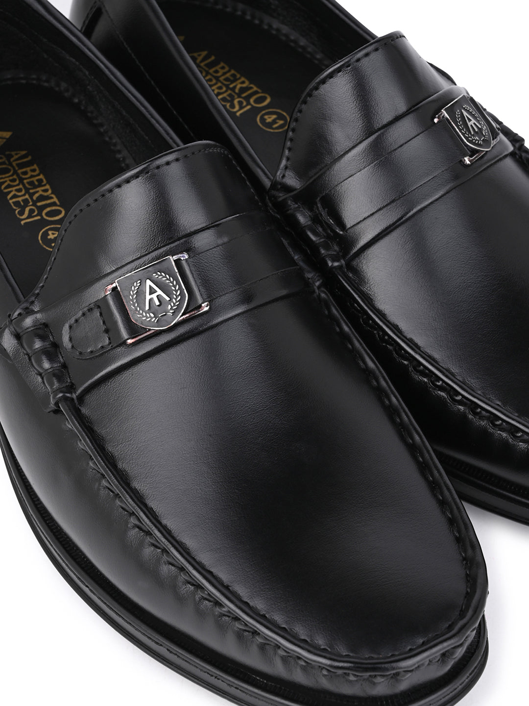 Men Smooth Black Finish Faux Leather Slip-On Loafers with Metallic Crest Detail