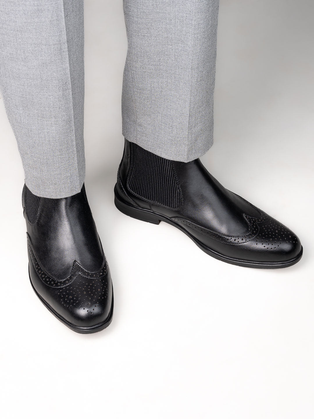 Alberto Torresi Black Leather Brogue Chelsea Boots for Men