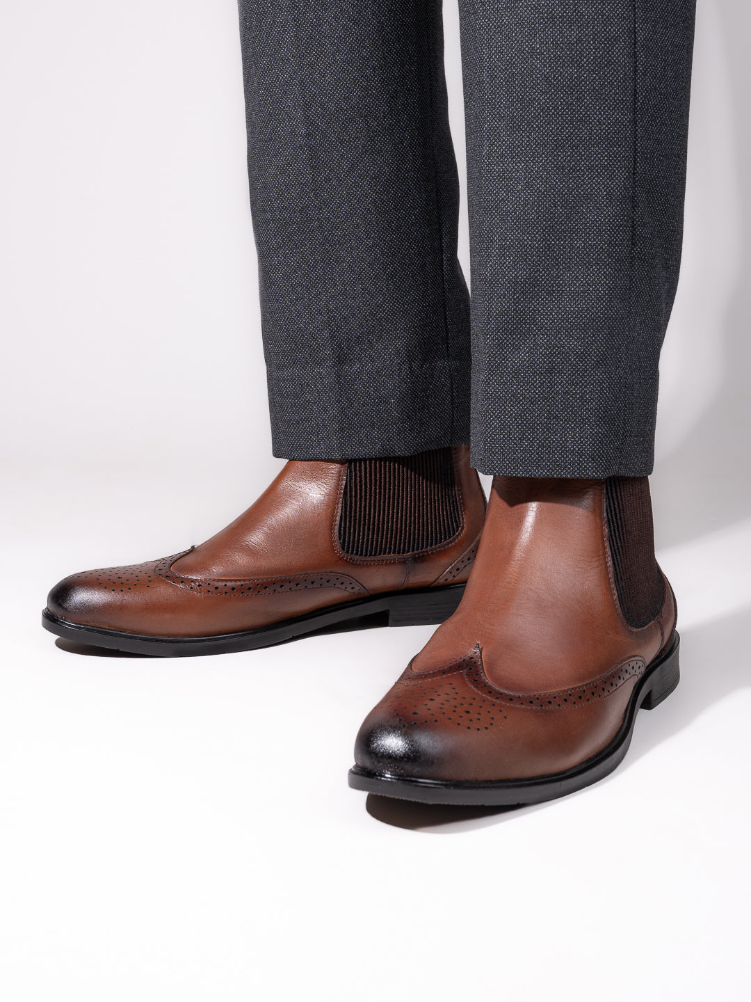 Alberto Torresi Tan Leather Brogue Chelsea Boots for Men