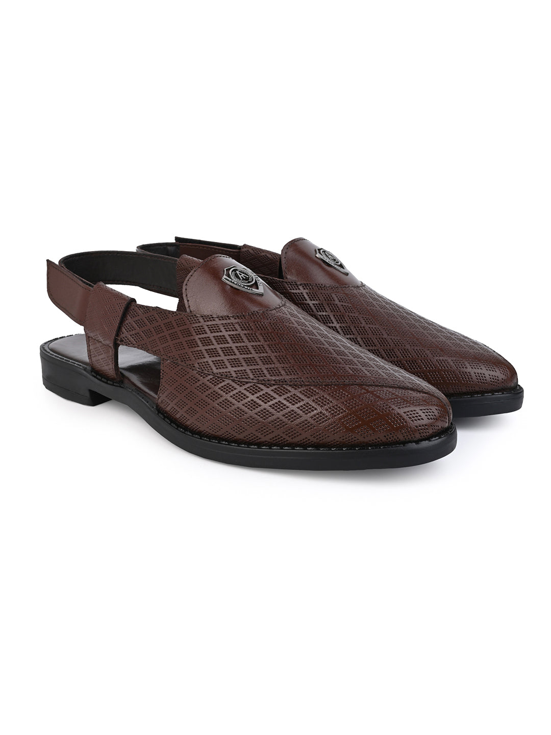 Alberto Torresi Genuine Tan Leather Textured Peshawari Sandal With Padded Insole