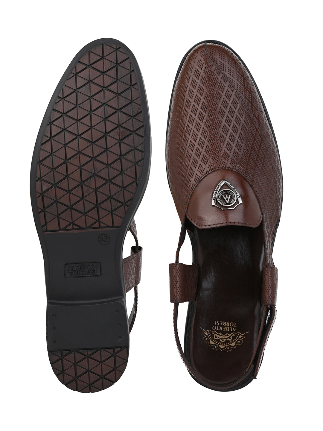 Alberto Torresi Genuine Tan Leather Textured Peshawari Sandal With Padded Insole