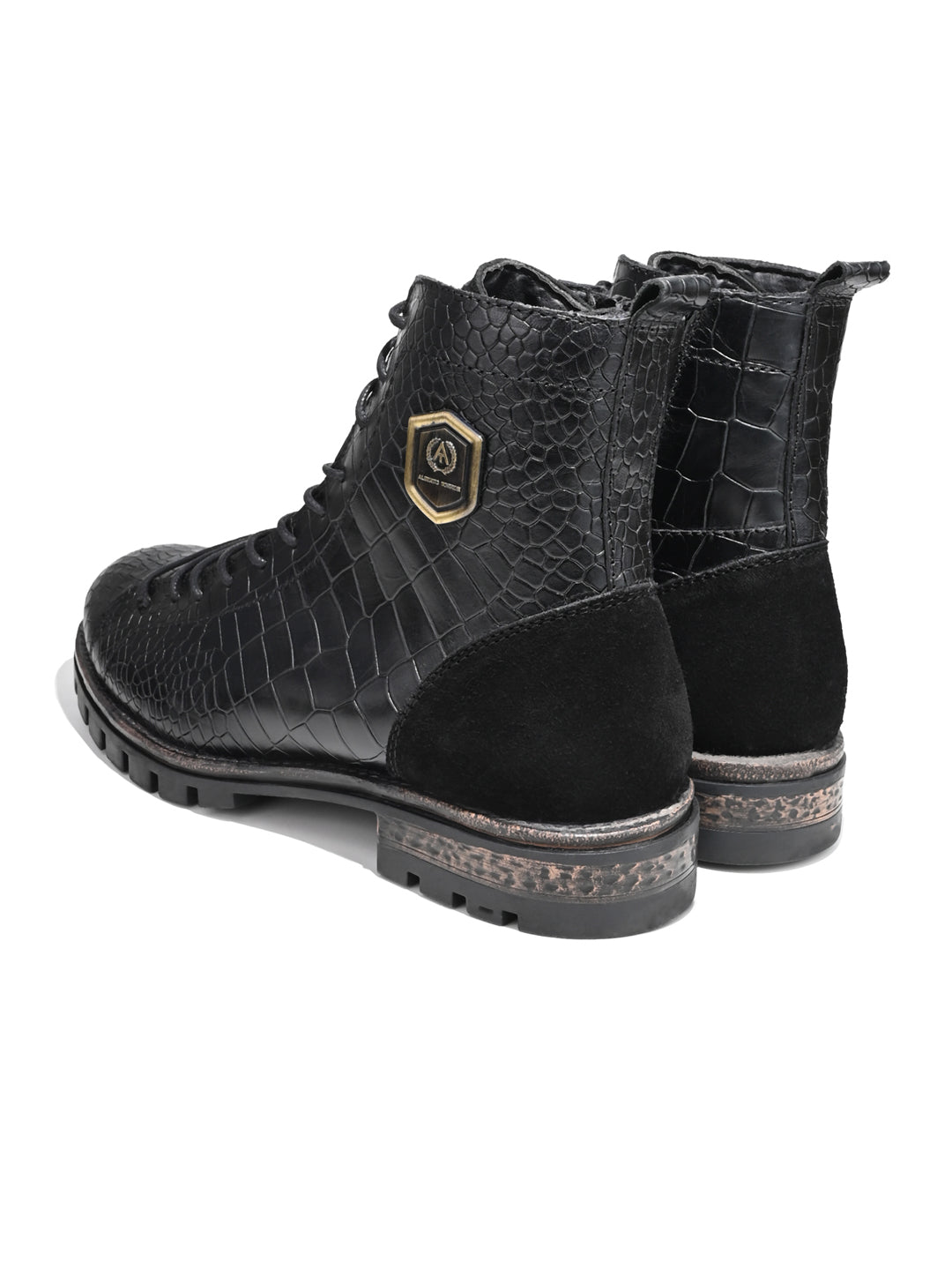 Men Black Croc-Embossed Genuine Leather High-Ankle Boots with Metallic Shield Emblem