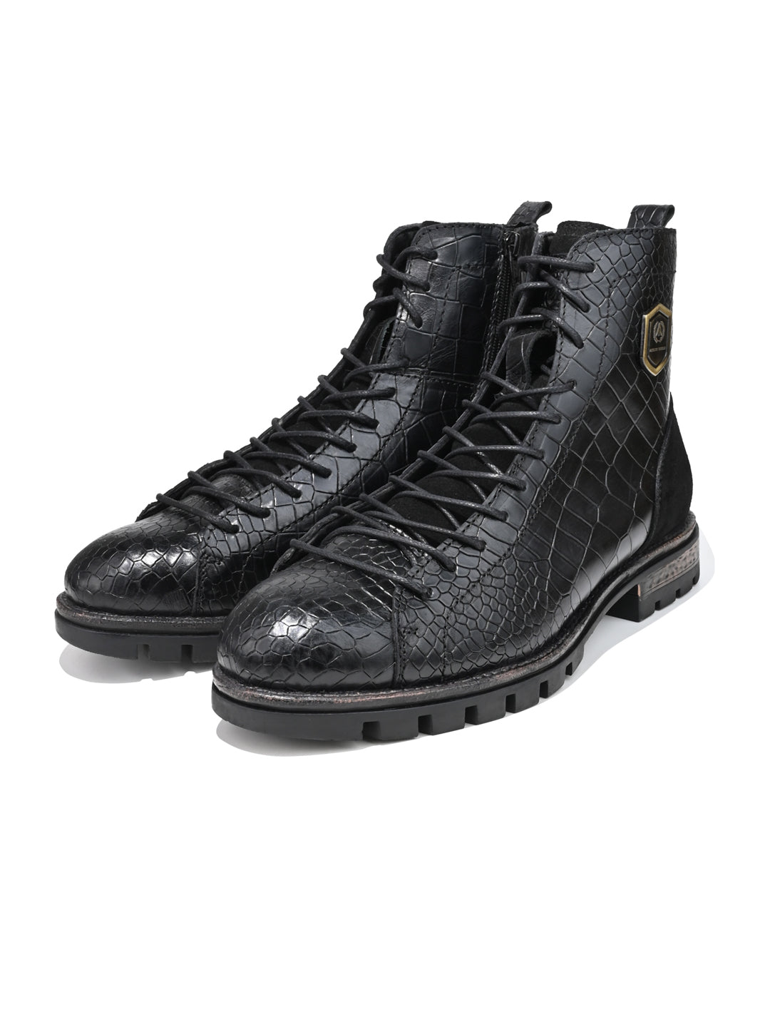 Men Black Croc-Embossed Genuine Leather High-Ankle Boots with Metallic Shield Emblem