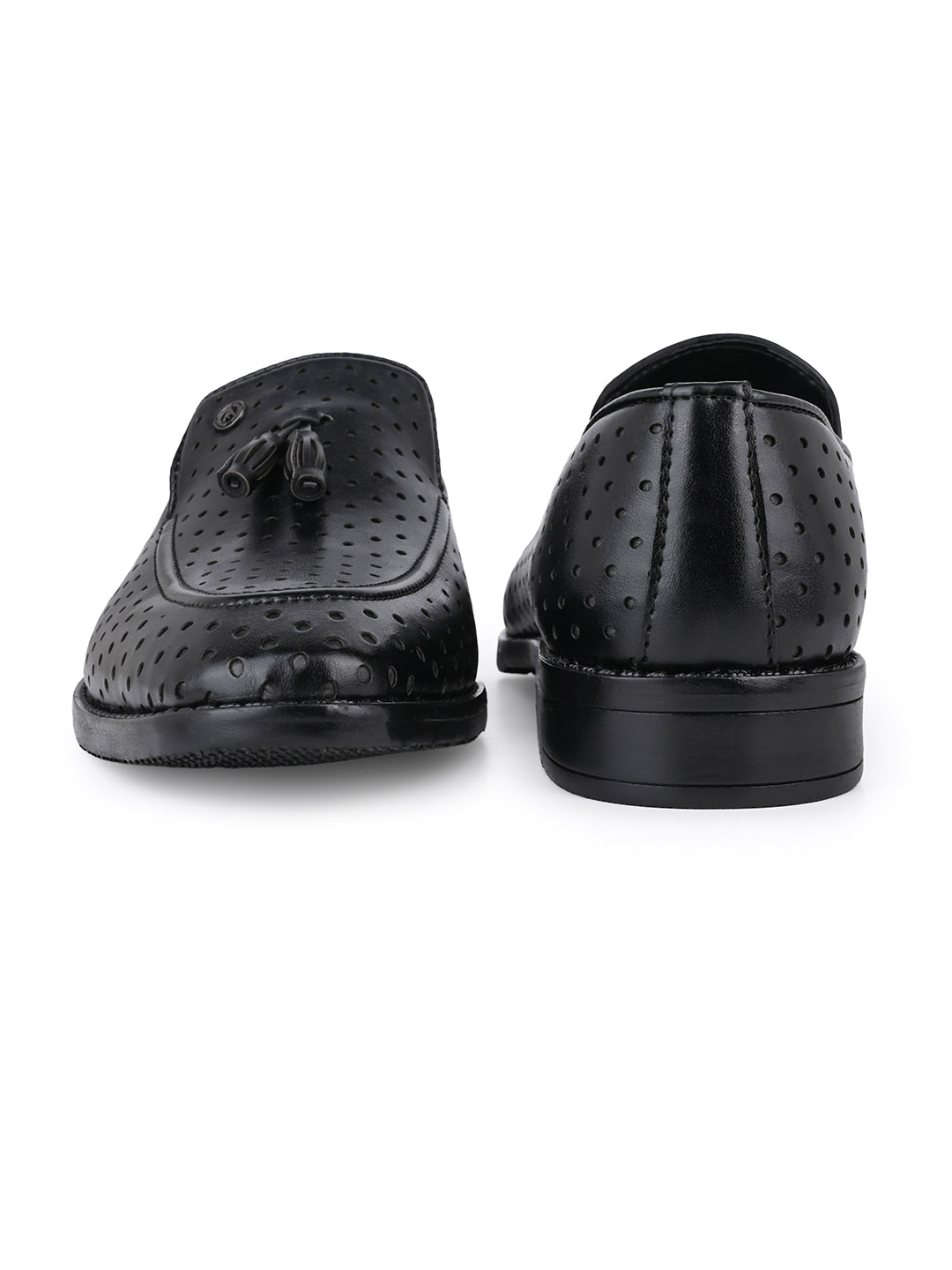 Men Perforated Black Faux Leather Slip-On Tassel Loafers with Metallic Brand Logo