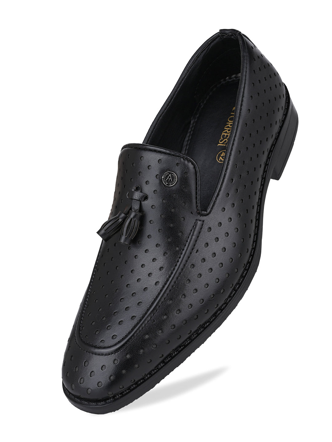 Men Perforated Black Faux Leather Slip-On Tassel Loafers with Metallic Brand Logo