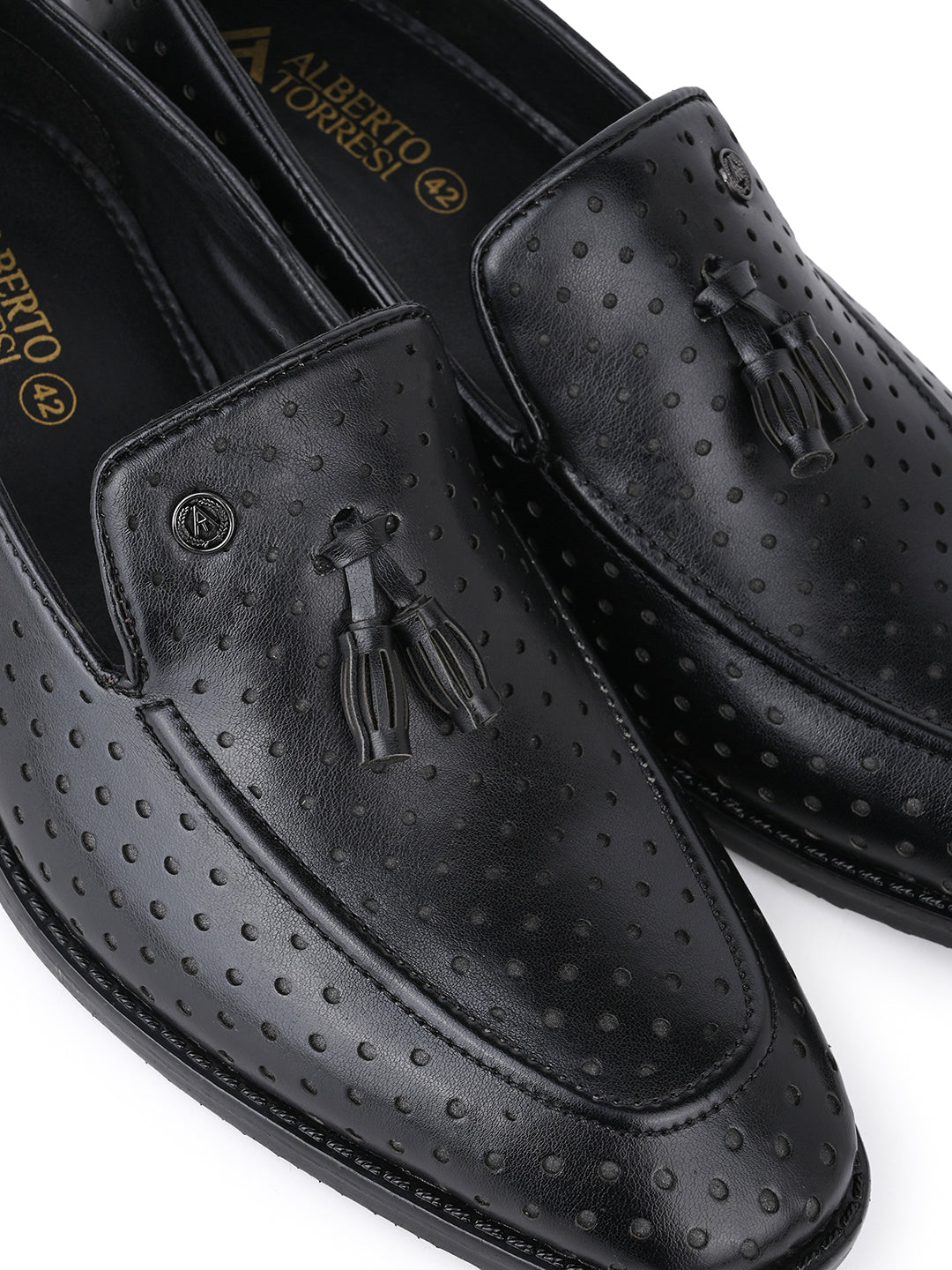 Men Perforated Black Faux Leather Slip-On Tassel Loafers with Metallic Brand Logo