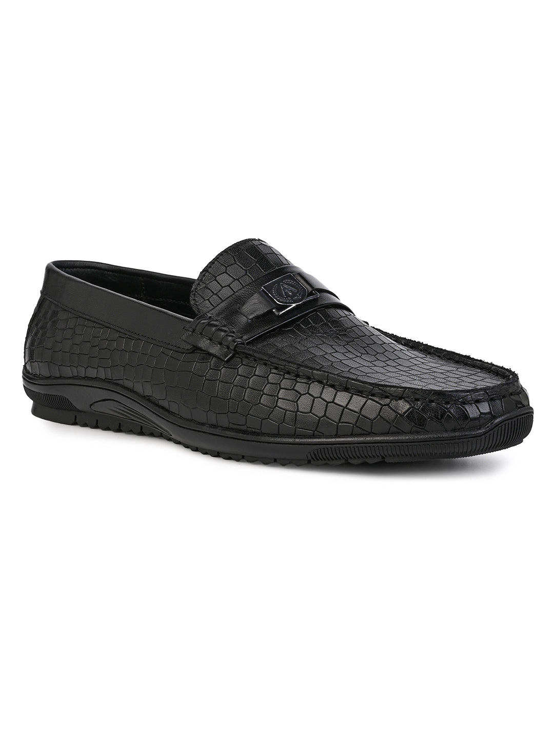 Alberto Torresi Genuine Leather Black Textured Loafers For Men
