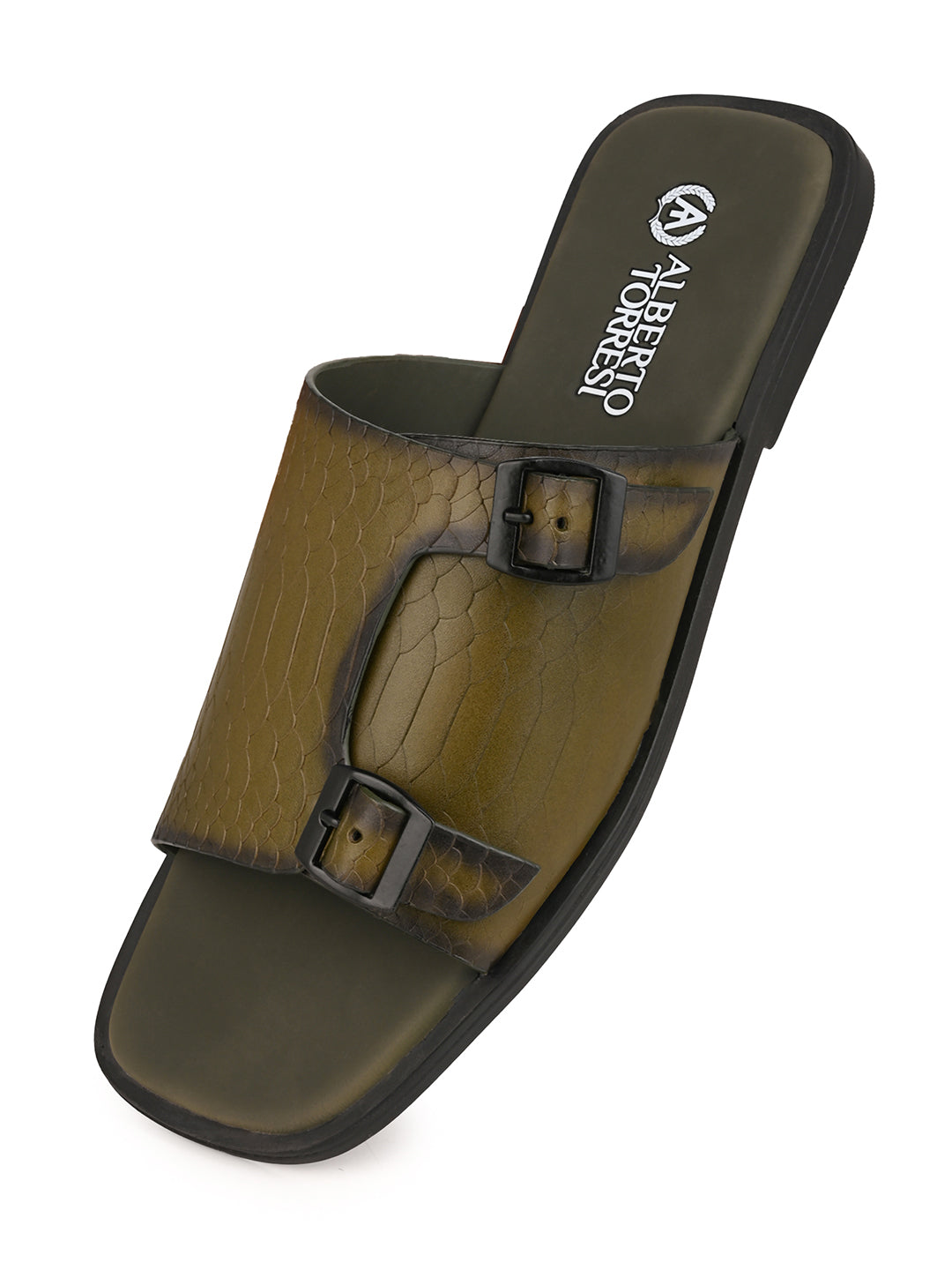 Alberto Torresi Men’s Green Textured Leather Monk-Strap Slide