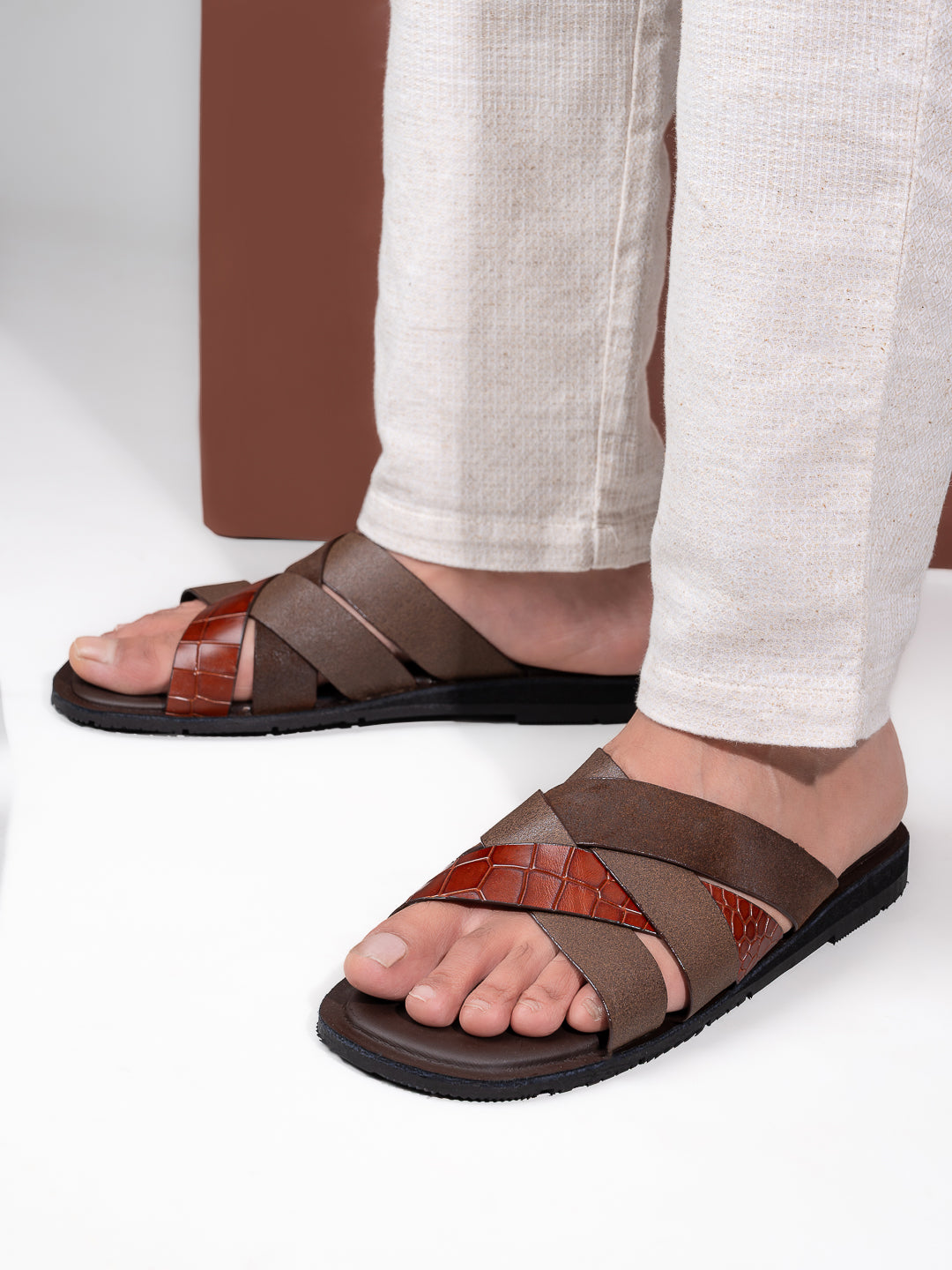 Alberto Torresi 272 Trendy Non Stitched Strap  Brown Leather Slippers