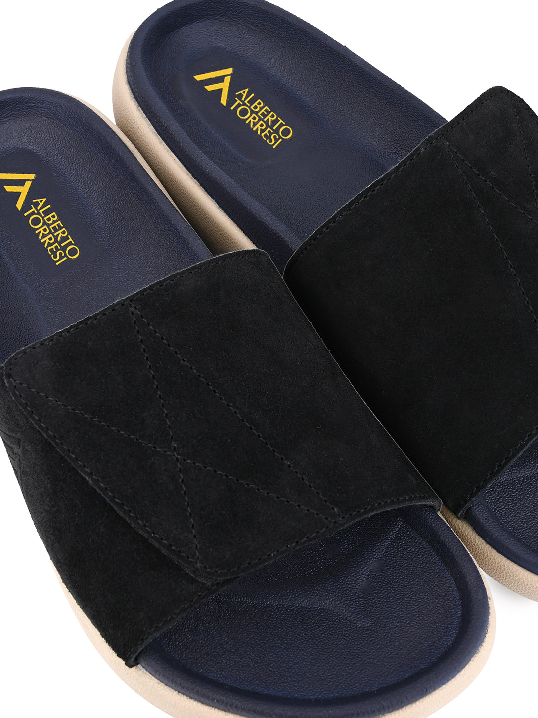 ALBERTO TORRESI Men Black Suede Leather Adjustable Velcro Strap Comfort Slides
