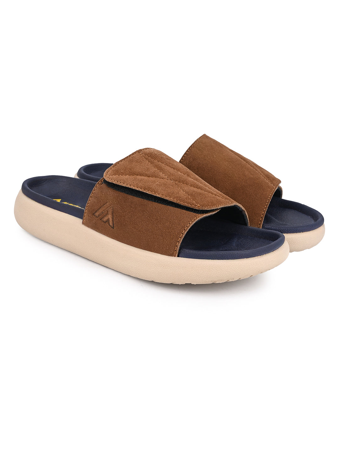 ALBERTO TORRESI Men Tan Suede Leather Adjustable Velcro Strap Comfort Slides