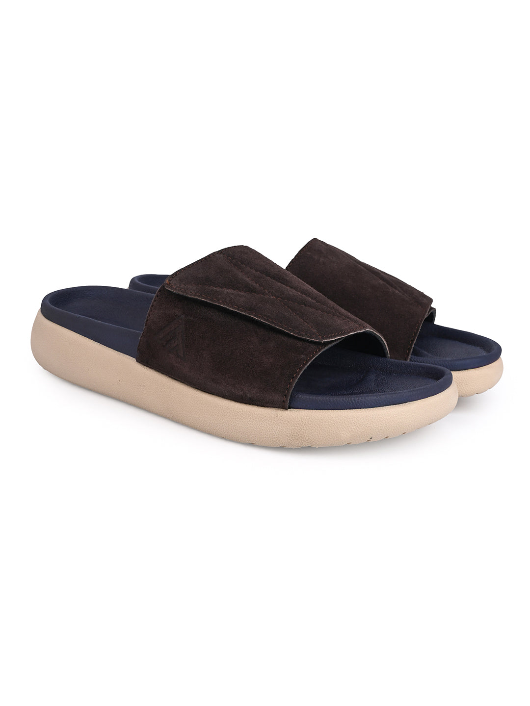 ALBERTO TORRESI Men Brown Suede Leather Adjustable Velcro Strap Comfort Slides