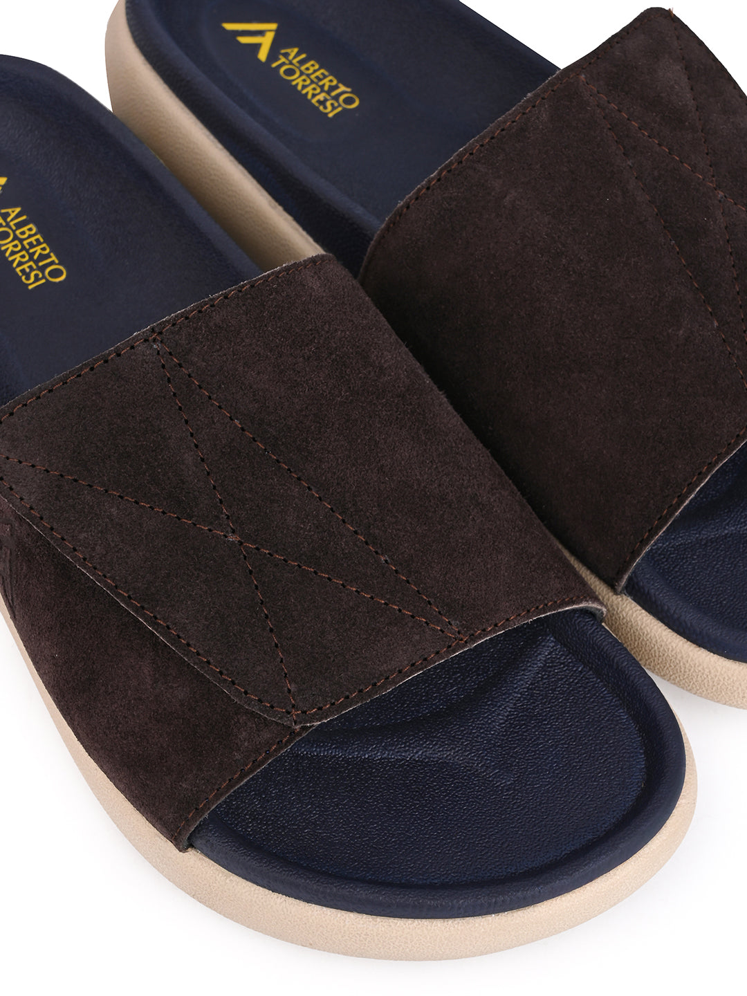 ALBERTO TORRESI Men Brown Suede Leather Adjustable Velcro Strap Comfort Slides