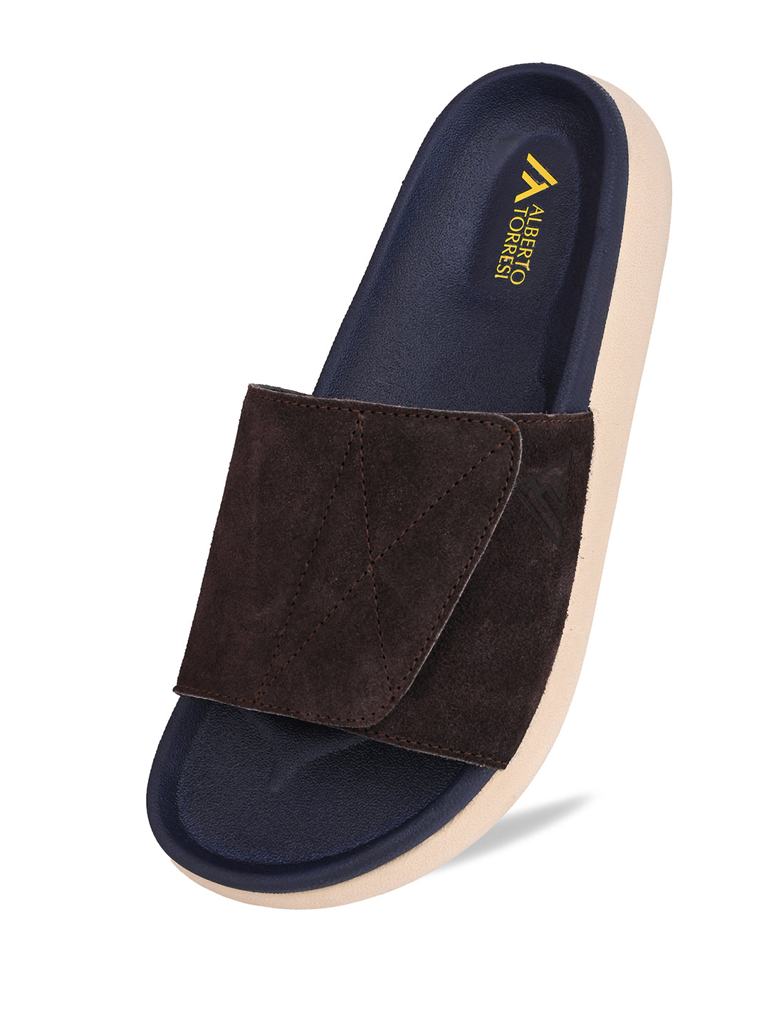 ALBERTO TORRESI Men Brown Suede Leather Adjustable Velcro Strap Comfort Slides