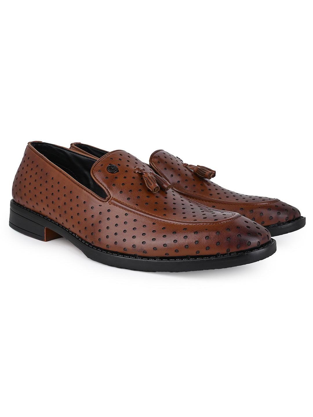 Men Perforated Tan Faux Leather Slip-On Tassel Loafers with Metallic Brand Logo