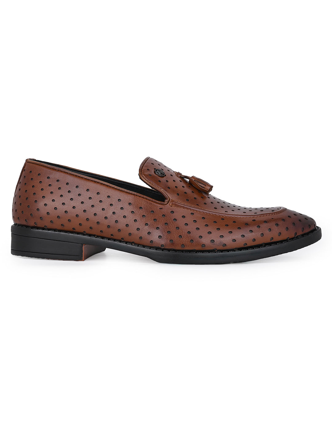 Men Perforated Tan Faux Leather Slip-On Tassel Loafers with Metallic Brand Logo