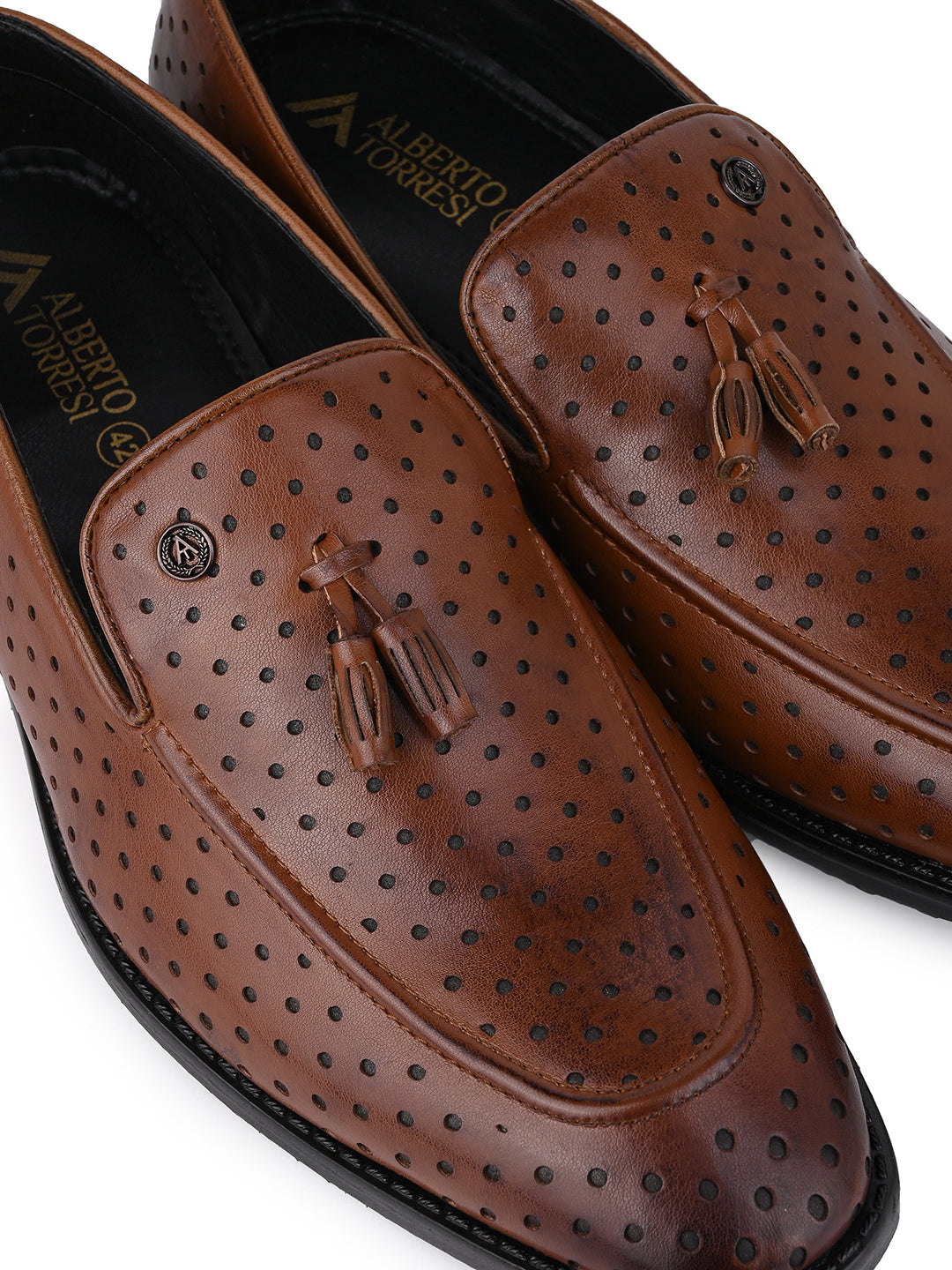 Men Perforated Tan Faux Leather Slip-On Tassel Loafers with Metallic Brand Logo