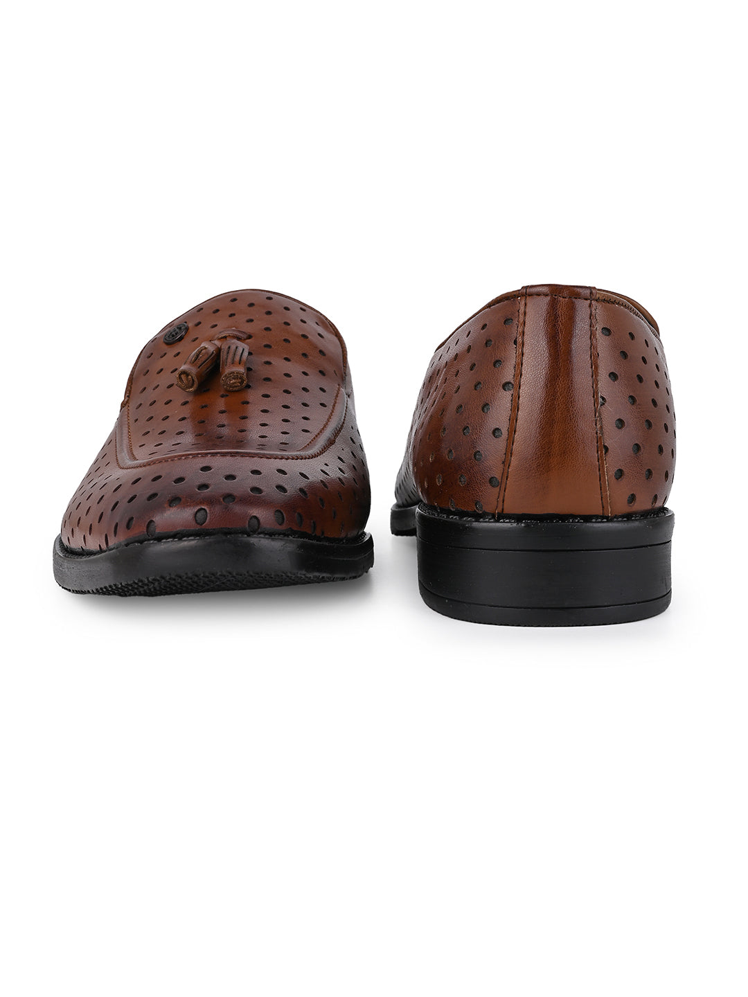 Men Perforated Tan Faux Leather Slip-On Tassel Loafers with Metallic Brand Logo