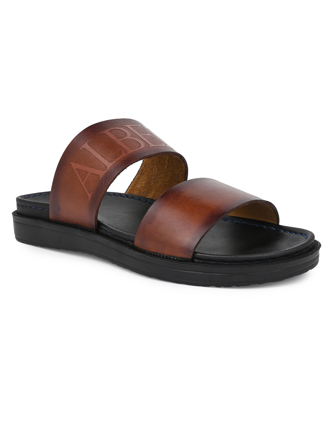 Alberto Torresi PVC Printed Branding Textured Tan Leather Men Slippers