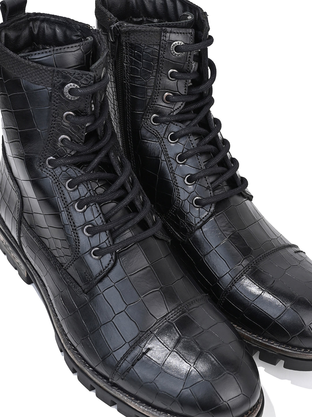 Men Cap Toe Black Croc-Embossed Genuine Leather High-Ankle Boots
