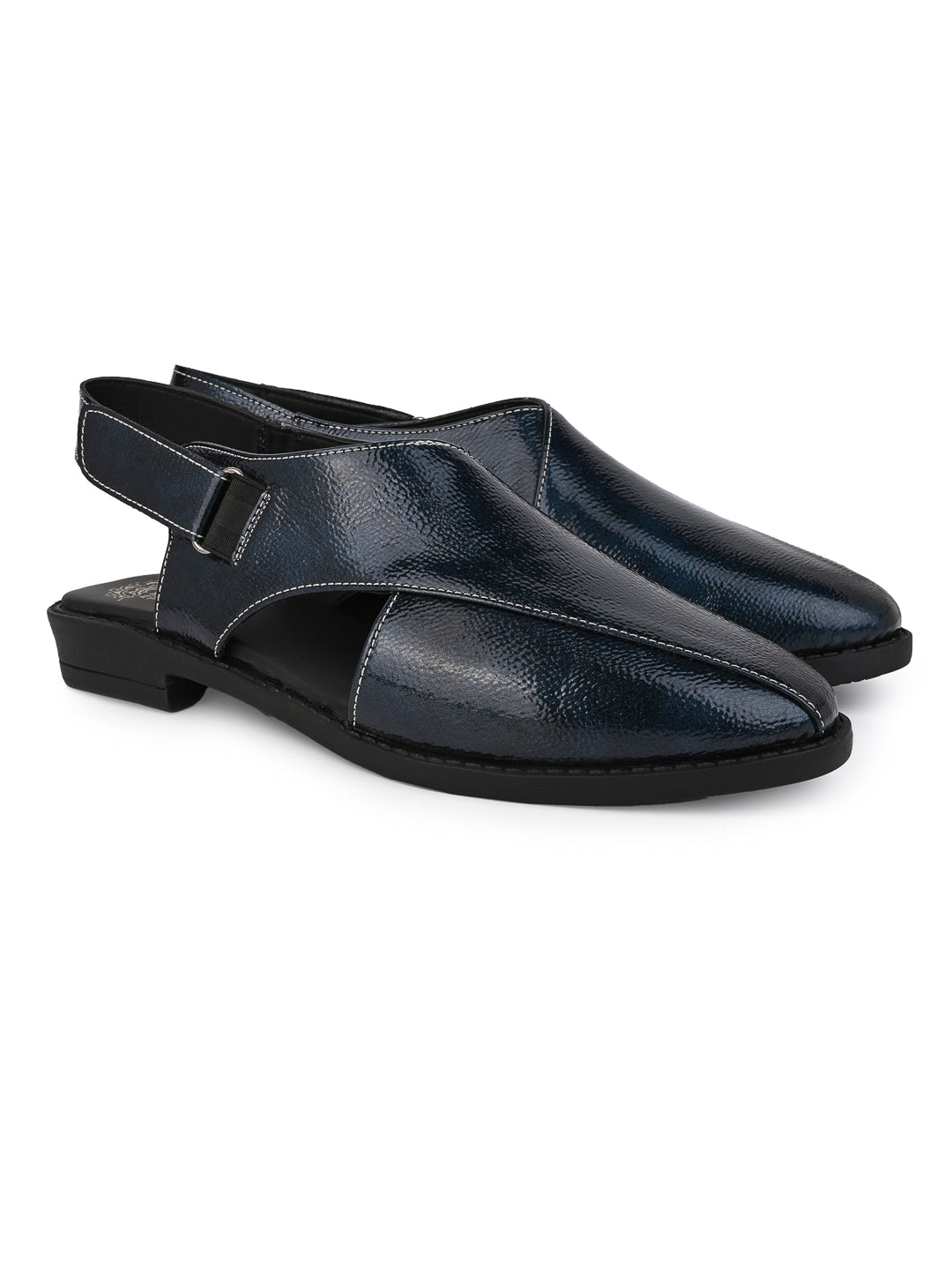 Alberto Torresi Blue Patent Crinkle Peshawari Sandal With Padded Insole