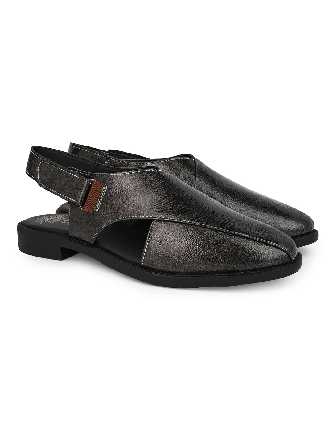 Alberto Torresi Grey Patent Crinkle Peshawari Sandal With Padded Insole