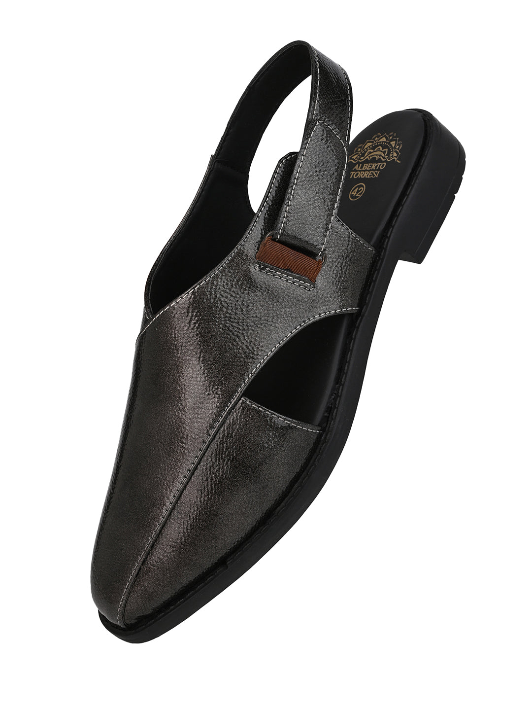 Alberto Torresi Grey Patent Crinkle Peshawari Sandal With Padded Insole