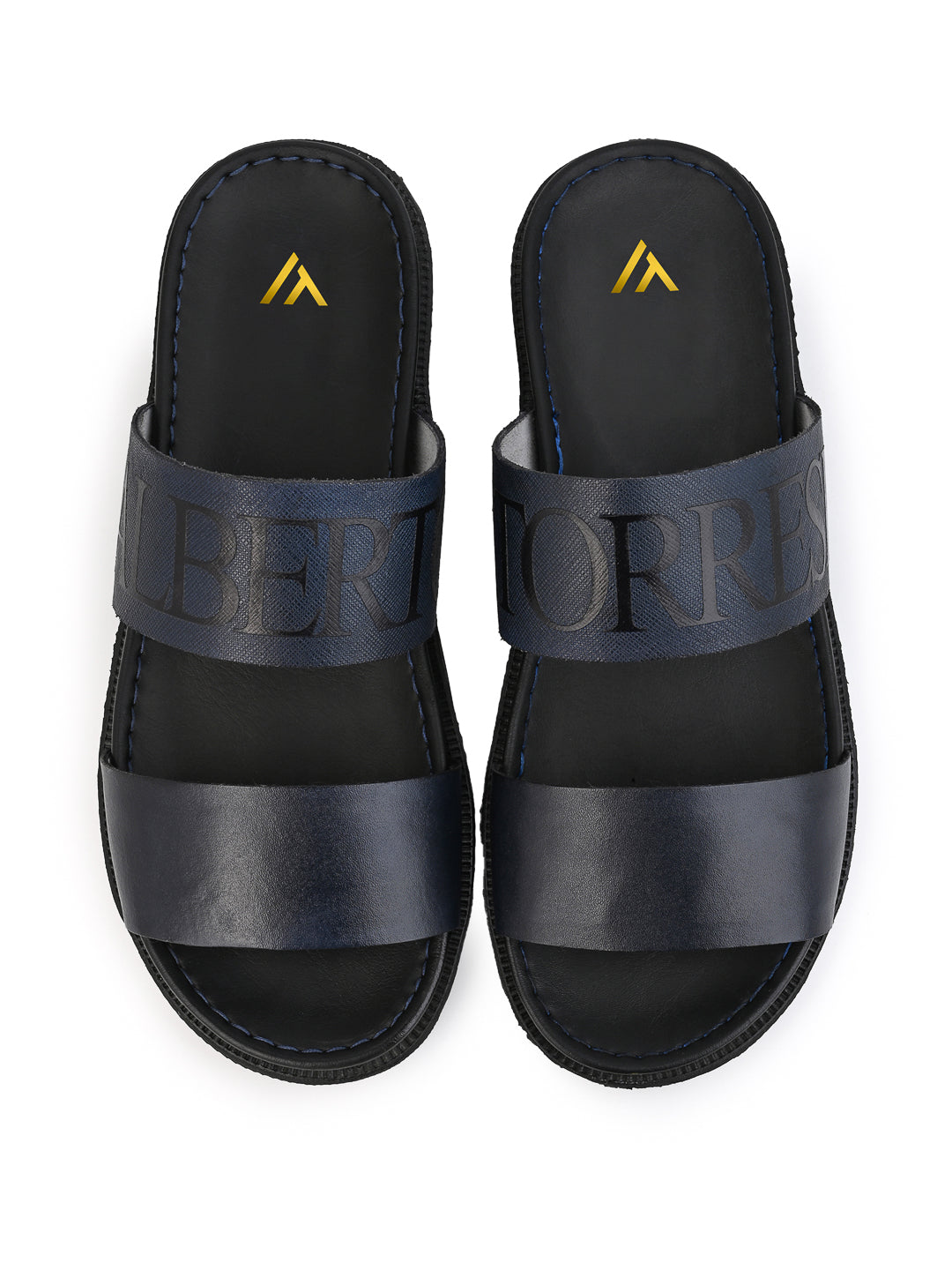 Alberto Torresi PVC Printed Branding Textured Blue Leather Men Slippers