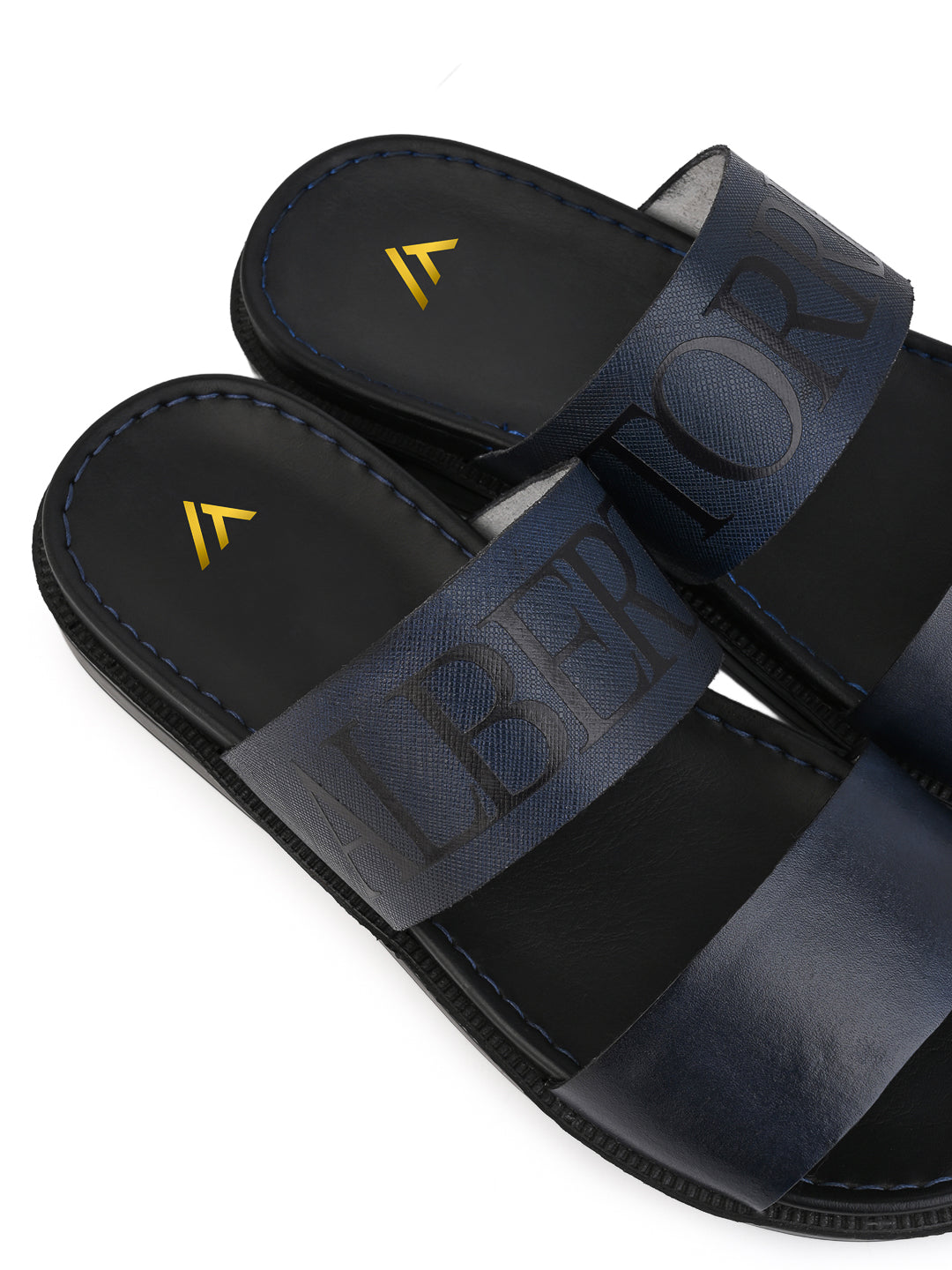 Alberto Torresi PVC Printed Branding Textured Blue Leather Men Slippers