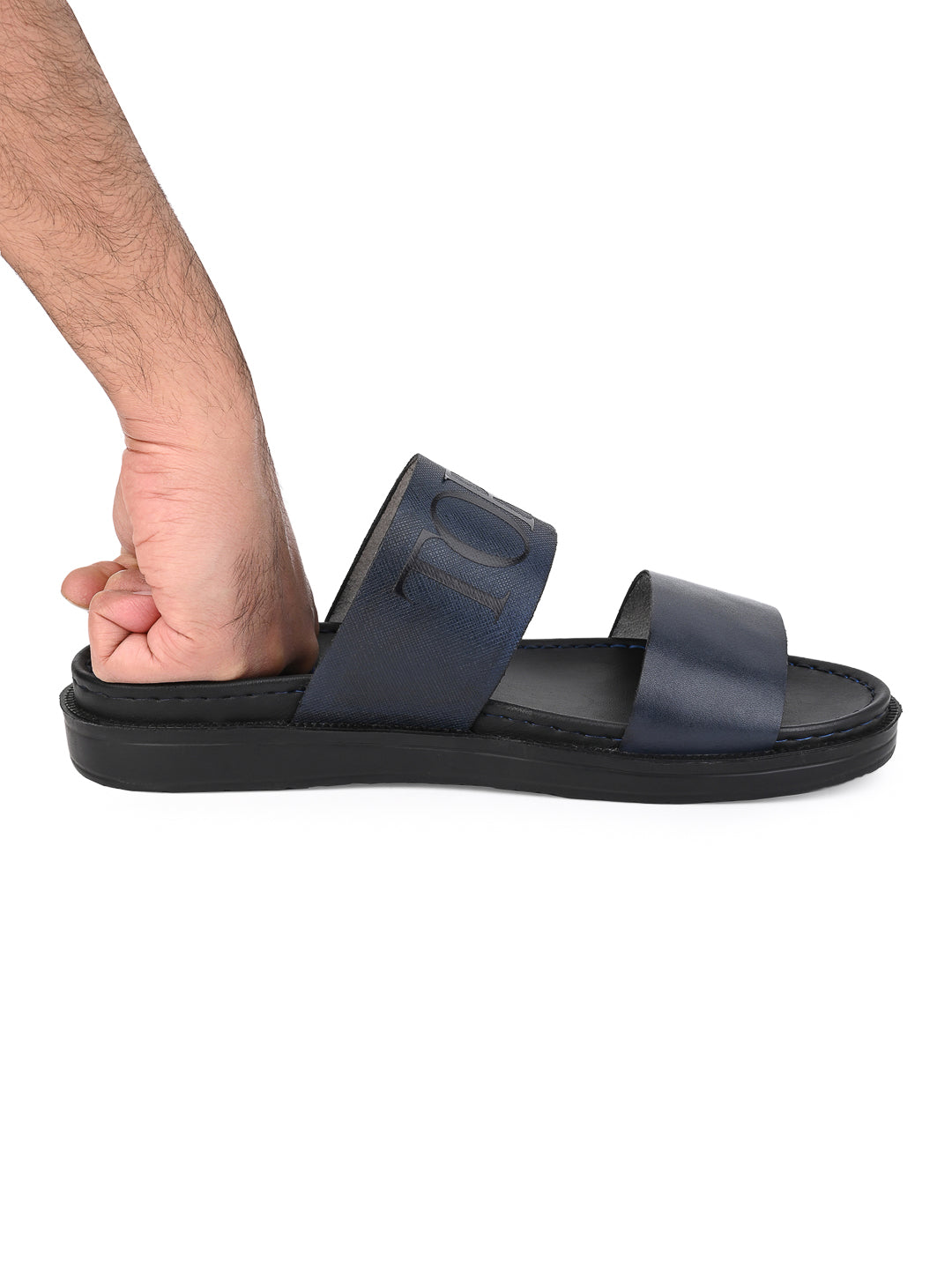 Alberto Torresi PVC Printed Branding Textured Blue Leather Men Slippers