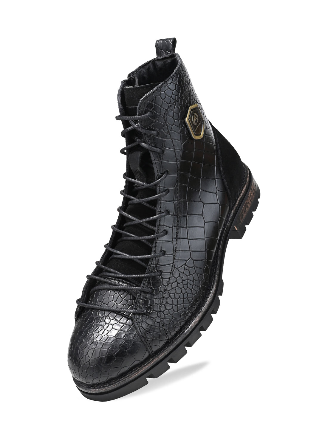 Men Black Croc-Embossed Genuine Leather High-Ankle Boots with Metallic Shield Emblem