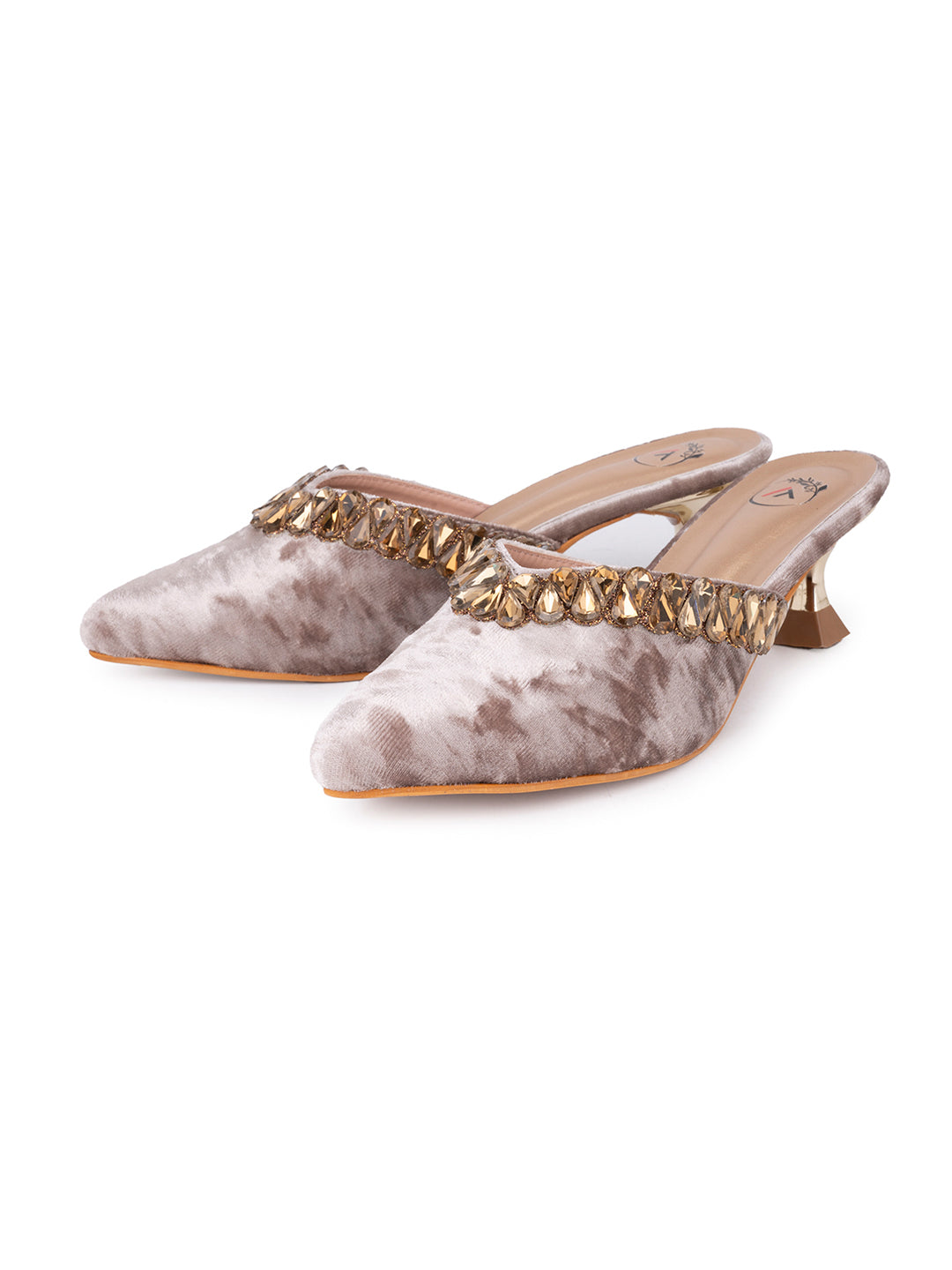 Women’s Grey Velvet Embellished Heeled Mule – Party Wear Open Back Sandal