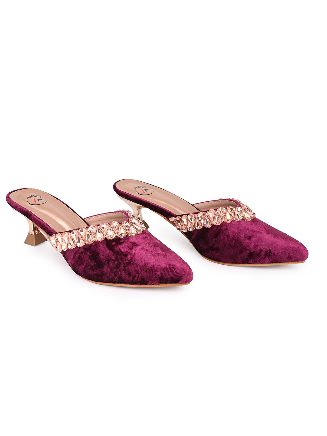 Women’s Maroon Velvet Embellished Heeled Mule – Party Wear Open Back Sandal