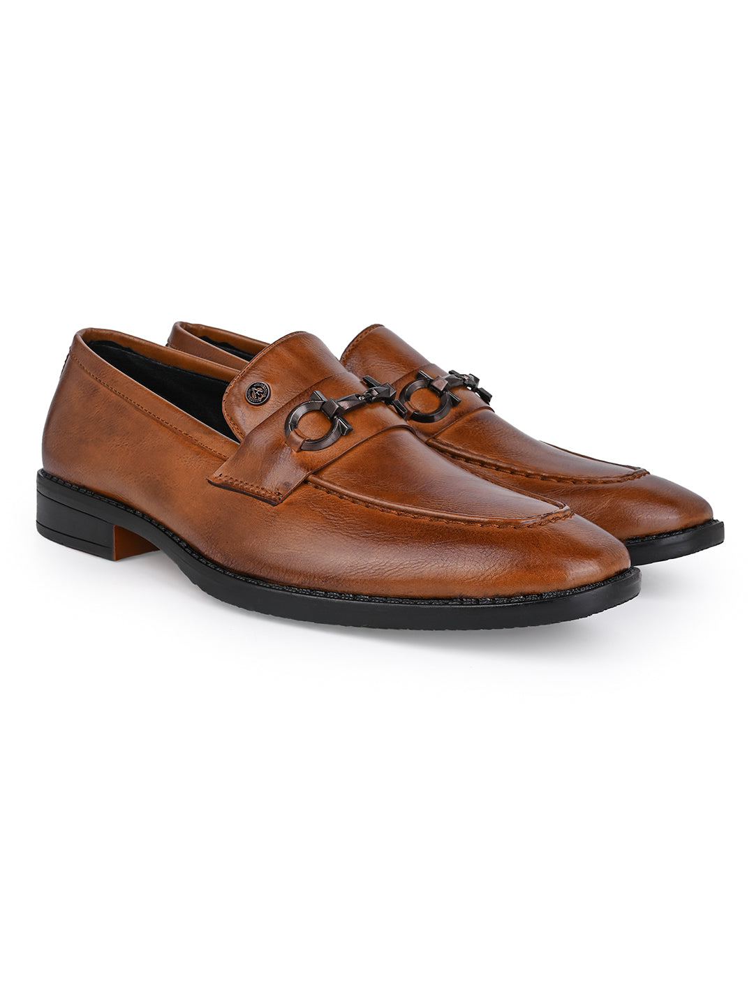 Men Tan Synthetic Leather Slip-On Loafers with Metallic Horsebit Buckle