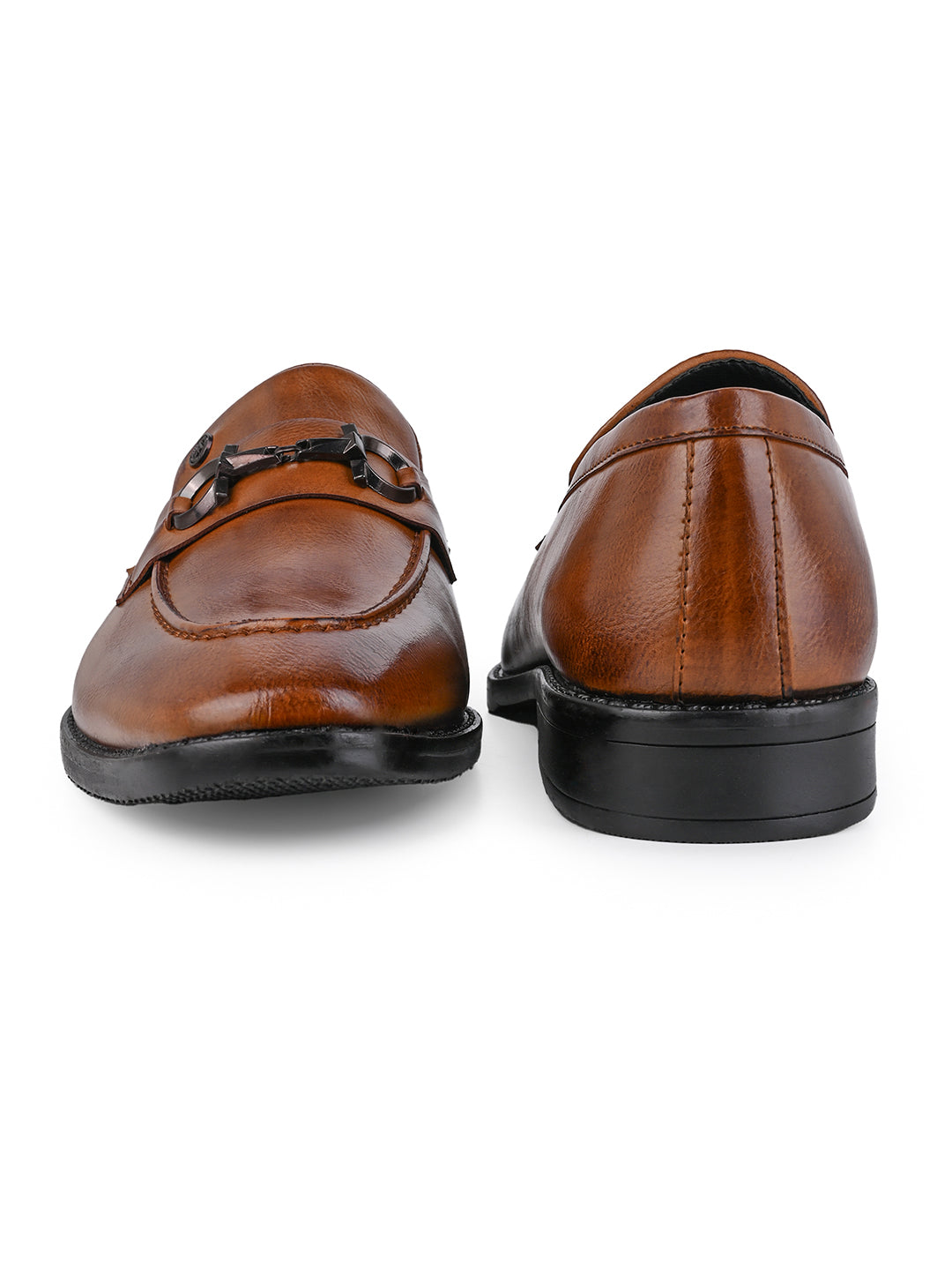 Men Tan Synthetic Leather Slip-On Loafers with Metallic Horsebit Buckle
