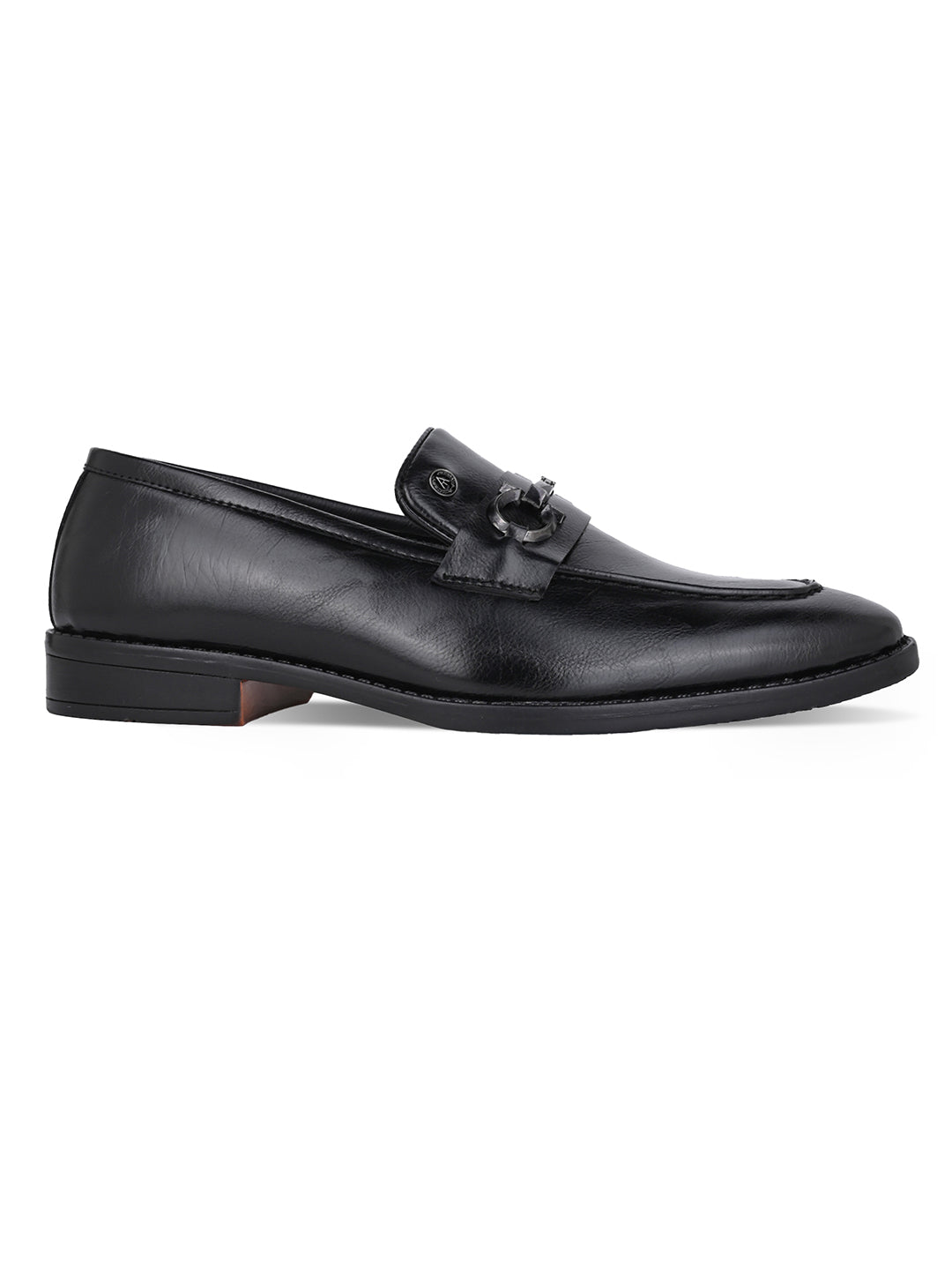Men Black Synthetic Leather Slip-On Loafers with Metallic Horsebit Buckle